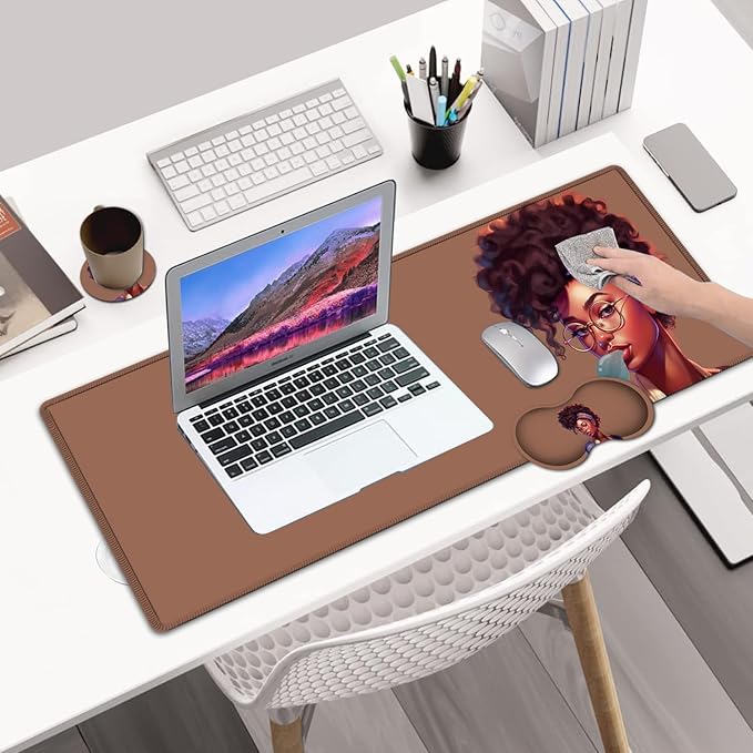 Desk Pad Extended Large Mouse Pad with Stitched Edges (31.5X11.8In) Ergonomic Mouse Wrist Rest Support Waterproof Computer Keyboard Mouse Mat Cute African Black Girls XXL Brown Gaming Mouse Pad