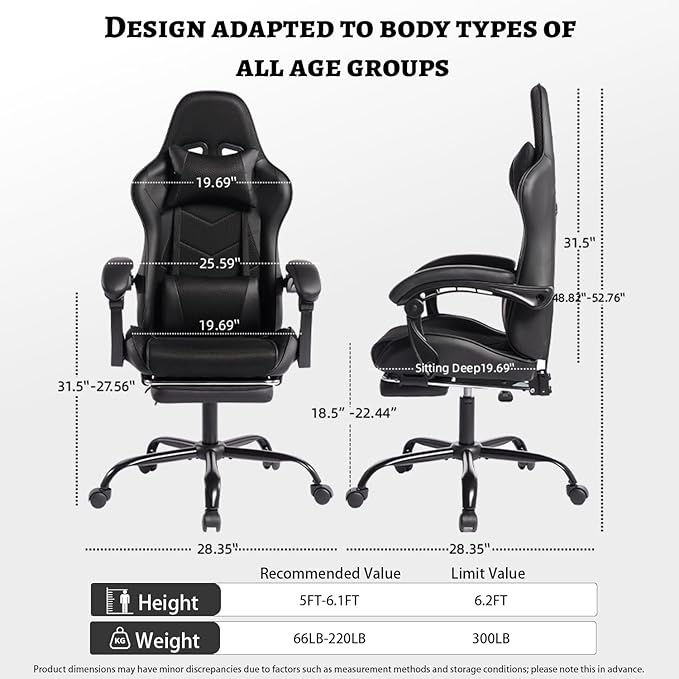 2026 Ergonomic Gaming Chair with Massage Lumbar Support &amp Footrest - Racing Style Office Chair for Esports Work from Home and Relaxation - Adjustable Recliner with Sync-Tilt Armrests (Black)