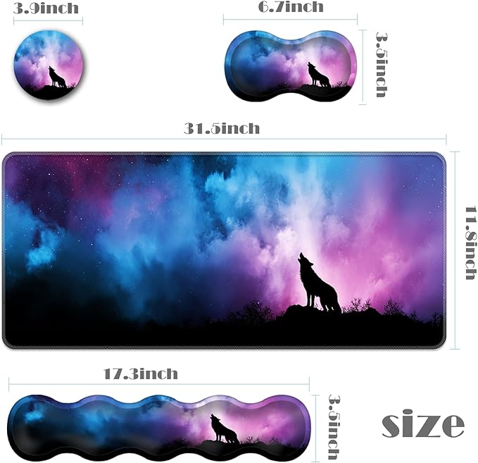 Ergonomic Keyboard Wrist Rest &amp Mouse Pad Wrist Rest SetXL Gaming Desk Mat 31.5x 11.8Non-Slip BaseMemory FoamEasy Typing Pain Relief for Office &amp HomeHowling Wolf Colorful Starry