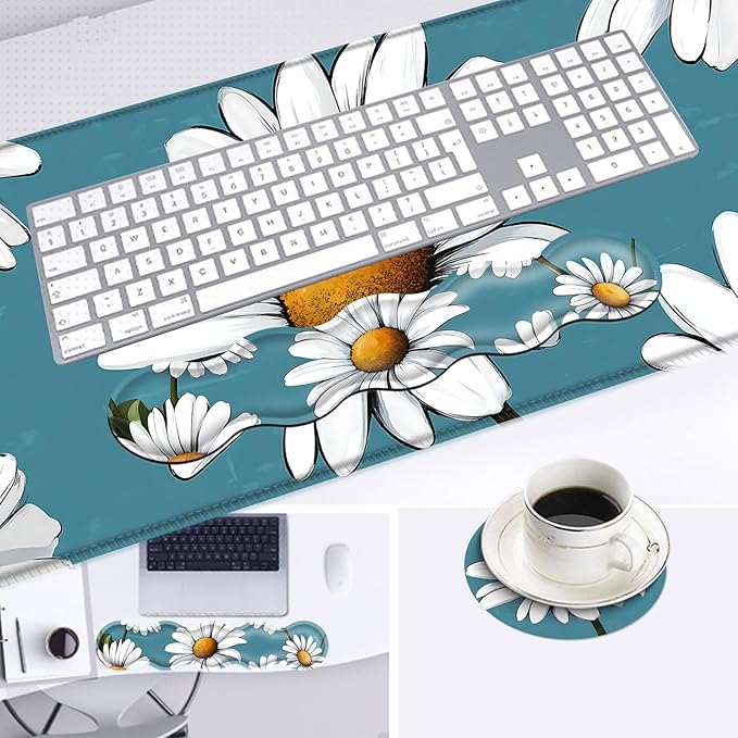 Large Mouse Pad and Keyboard Wrist Rest Desk Pad for Keyboard and Mouse 4-in-1 Large Gaming Mouse Pad with Wrist Support Desk Mat for Home Office Study GameDaisy Flower