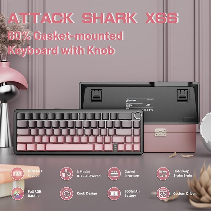 ATTACK SHARK X66 60% Wireless Mechanical Gaming Keyboard with KnobGasket Hot Swappable Custom KeyboardSide Printed PBT KeycapsTri Mode USB-C/BT5.0/2.4G RGB Keyboard with Coiled Cable - BlackBerry