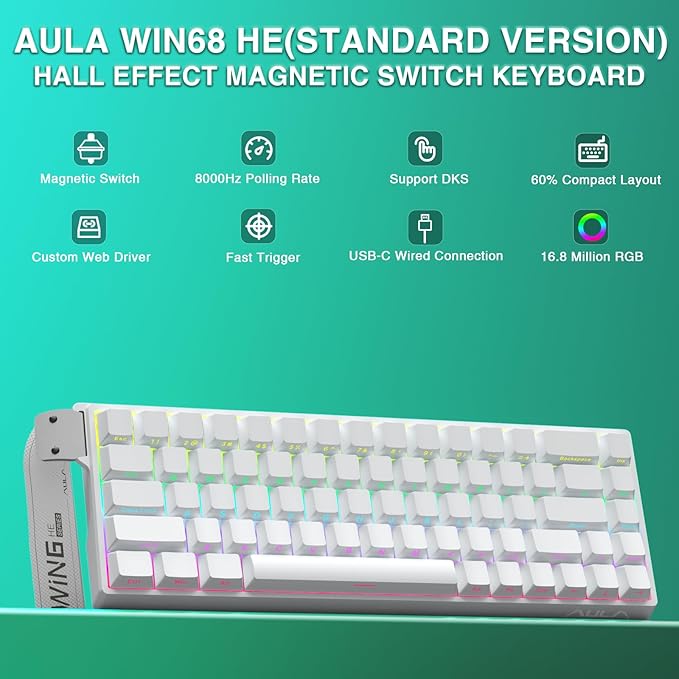 AULA WIN68 HE Mechanical Gaming Keyboard 60% Hall Effect Magnetic Switch Fast Trigger Mode Adjustable Actuation 8000Hz Polling Rate RGB Backlit Wired White Keyboard for Laptop/PC Gamer