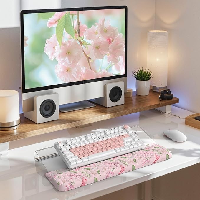 2 in 1 Keyboard Stand for Desktop Floral Wrist Support for Keyboards Anti-Fatigue Memory Foam Wrist Rest for Computer 3-Angle Adjustable Keyboard Riser for Office Home (Pink Bow)