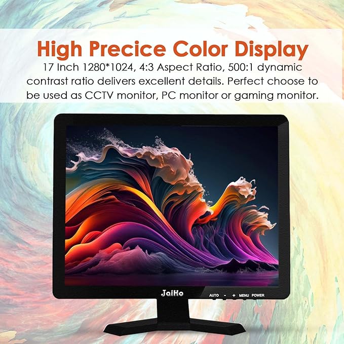 JaiHo 17 Inch PC Monitor TFT LCD Monitor - 1280 x 1024 Resolution 4:3 HDMI Monitor Color Display Screen with HDMI/VGA/BNC/AV/USB Earphone Input Built-in Dual Speakers Black