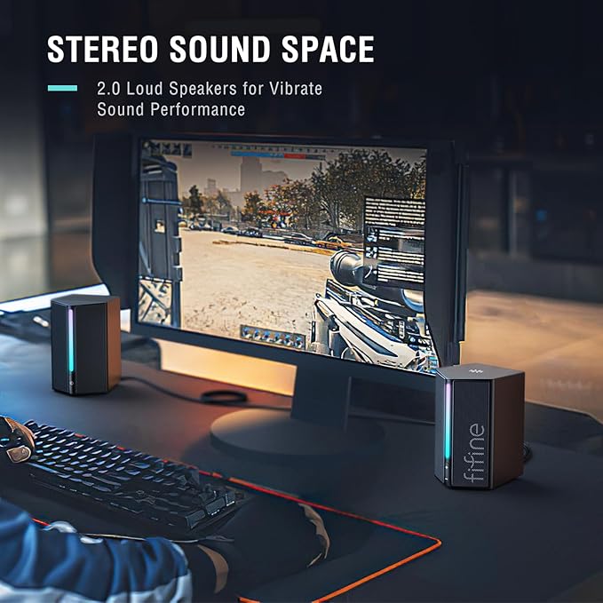 FIFINE Computer Speakers Desktop PC Speakers with Volume Control RGB Gaming Loudspeakers Wired with 3.5mm Aux Audio Cable for Laptop Monitor Phone Tablet-AmpliGame A20