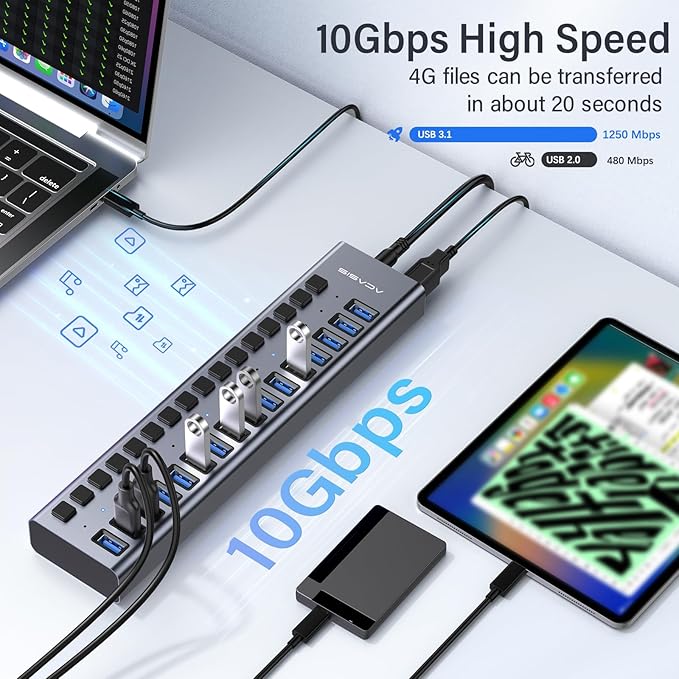 Powered USB 3.2 Hub ACASIS 16 Ports USB 3.2 Hub with 10Gbps Data SpeedAluminum Housing USB Hub Powered with 96W Power Adapter USB Hub for PC/Laptop Computer Flash Drive Printer Camera