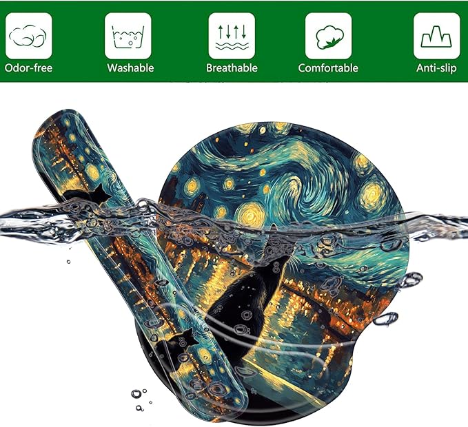 Bxgolkgd Ergonomic Gel Mouse Wrist Rest Pad and Keyboard Pad SetAnti-Slip PU Bottom Easy Typing and Relieve Wrist Pain with Cute Coaster Set (3-Starry Night with Cat)