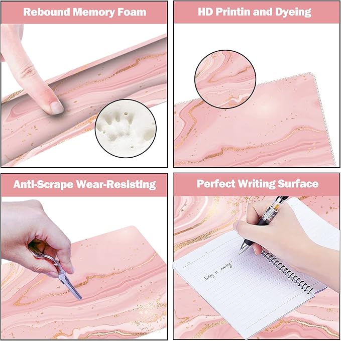 ARTSO Extended Gaming Mouse Pad Set Keyboard Wrist Rest Support Pad + Wrist Cushion + XXL Large Mouse Pad + Coaster Stitched Edge Non-Slip Memory Foam Desk Mat Pink Gold Marble