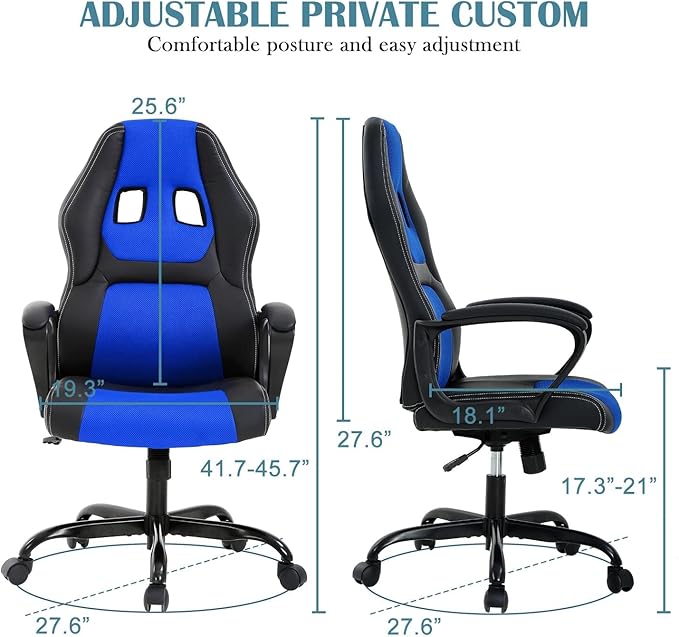 Executive PC Gaming Chair with Lumbar Support &amp Headrest - Ergonomic Leather Racer Task Chair for Home Office Gaming Room - Heavy Duty &amp Comfortable (Blue)