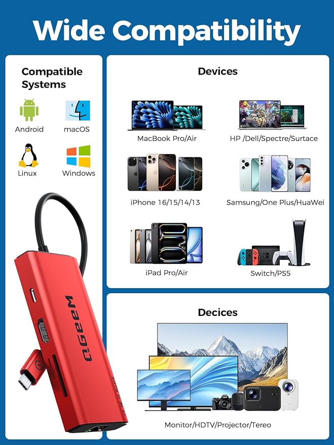 QGeeM USB C Hub Ethernet9 in 1 USB Type C Hub HDMI Multi-Port Converter Adapter100W Pd USB 3.0SD/TF Card ReaderCompatible for MacBook Pro Air Ipad HP Dell Lenovo Chromebook etc.-Red