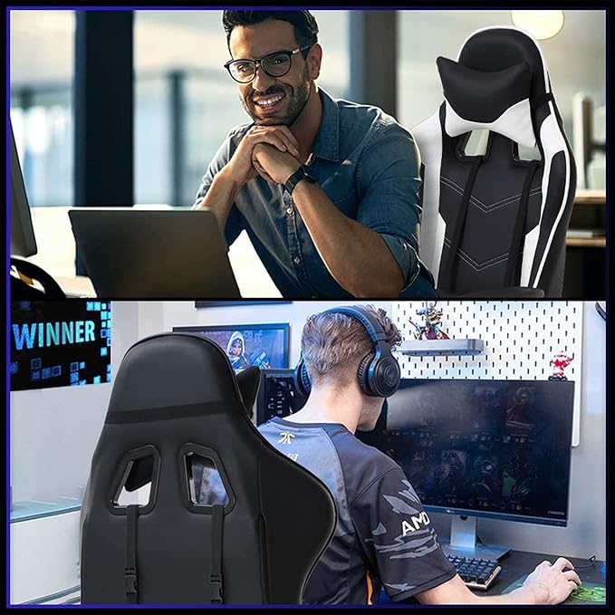 BestOffice | Ergonomic Gaming Chair | White | Reclining Computer Chair with Lumbar Support Headrest Pillow Adjustable Footrests | 360 Swivel with Heavy Duty Wheels | for Home &amp Office
