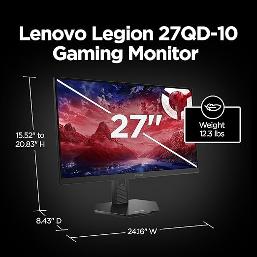 Lenovo Legion 27QD-10 Gaming Monitor - 27 QHD IPS Display - 240Hz Refresh Rate - 0.5 ms MPRT - 99% sRGB - AMD FreeSync™ Premium - Ergonomic Stand
