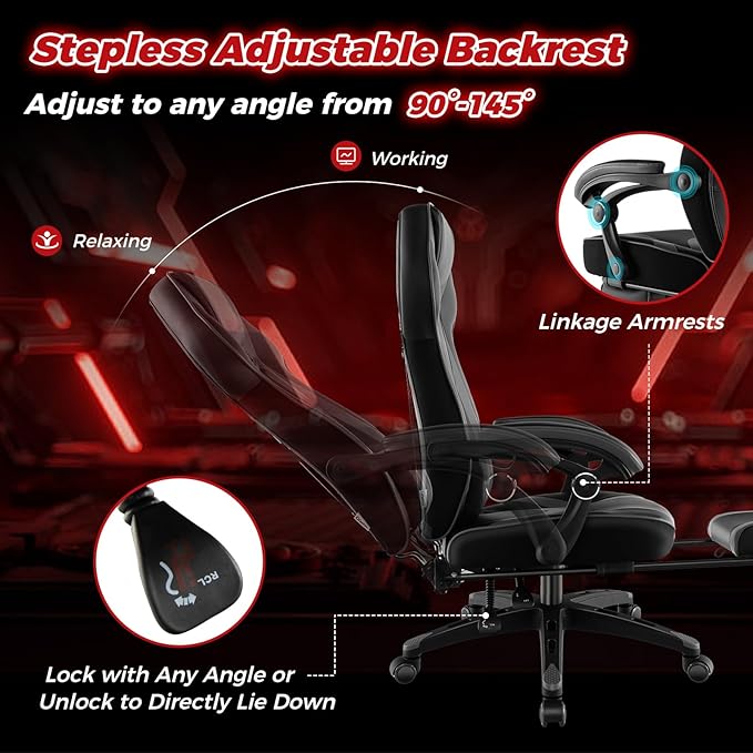 COSTWAY Gaming Chair Ergonomic Adjustable Racing Video Game Chair w/Retractable Footrest Padded Headrest &amp Lumbar Support High Back Reclining Home Office Computer Gamer Chair for Adults (Grey)