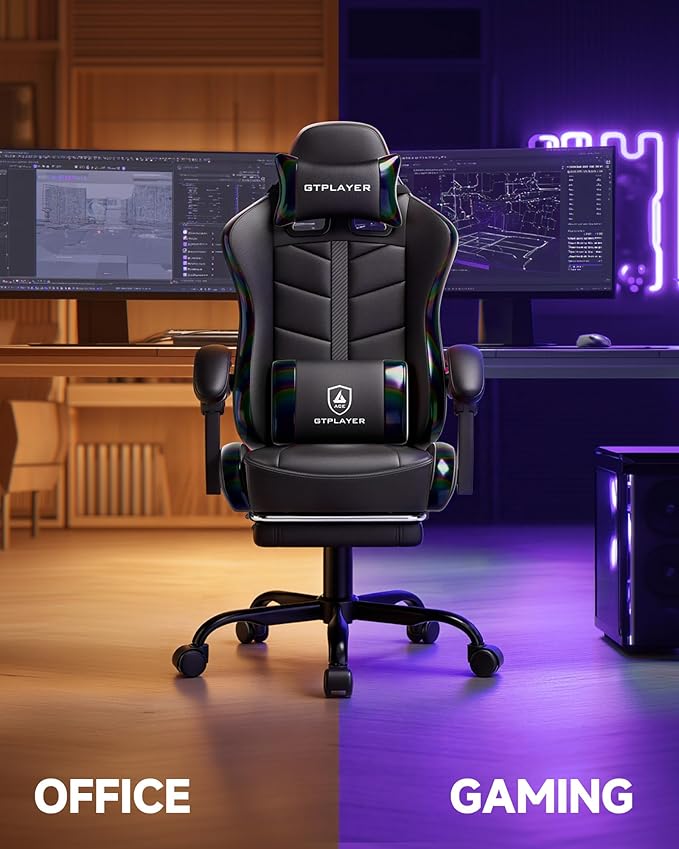 GTPLAYER Gaming Chair for Adults Ergonomic Computer Gaming Chair with Footrest Height Adjustable 90-155° Recline &amp Removable Headrest Lumbar Support Colorful Black