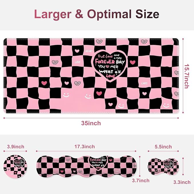 Desk Mat Gaming Mouse Pad Cute Desk Matt Keyboard Wrist Rest for Desktop Anti-Slip Big Mousepad Stitched Edges XXL Large Mouse Pad with Wrist Support for Home Office I Pink Black True Love