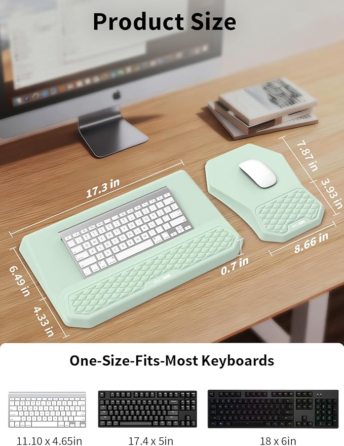 3-in-1 Ergonomic Keyboard Stand with Wrist Rest &amp Mouse Pad Set Comfy Keyboard Riser Holder Soft Mousepad with Massage Design Memory Foam and Non-Slip PU Base for Pain Relief Light Green