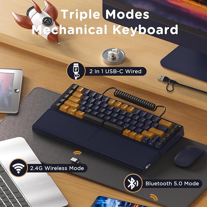 RK ROYAL KLUDGE RKS70 Ergonomic Split Keyboard Wireless PC Gaming Keyboard with Bluetooth/2.4G/Wired Hot Swappable Mechanical Keyboards w/Fixed Wrist Rest PBT Keycaps Tactile Switches Black