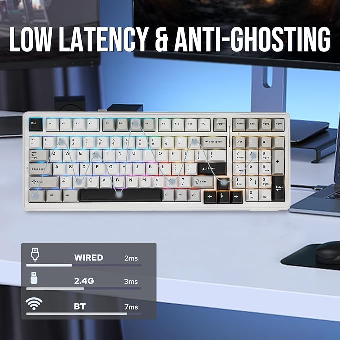 EPOMAKER x Aula F99 Wireless Mechanical Keyboard Hot Swappable Gasket Custom Gaming Keyboard with Five-Layer Padding BT/2.4GHz/USB-C 8000mAh Battery (White Grey Graywood V3 Switch)