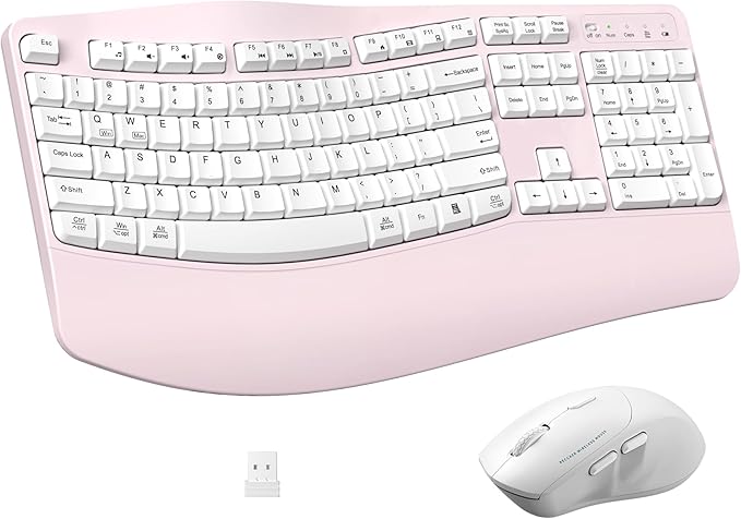 Ergonomic Wireless Keyboard and Mouse Combo Wave Keys Keyboard with Wrist Rest for Natural Typing 3 DPI Adjustable Ergonomic Silent Mouse for Computer/Laptop/Windows/Mac (Pink)