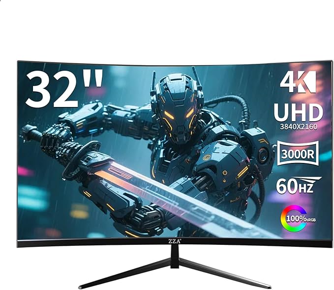 ZZA 32 Inch Curved Monitor 4k Computer Screen 60HZ 4k UHD(3840 * 2160P) 3000R VA Panel Gaming Monitor 4K AMD Freesync 100% sRGB HDR10 Wall Mountable Installs(HDMI 2.0/DP 1.4 * 2)
