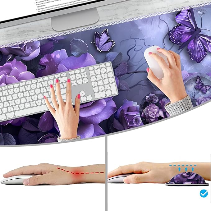 Extended Non-Slip Mouse Pad + Mouse Wrist Rest + Lace-Shaped Coaster Set Ergonomic Design Suitable for Desk and Home Gaming Table Mat Purple Rose