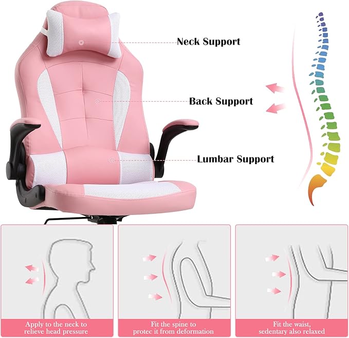PC Gaming Chair Ergonomic Office Chair High Back Computer Chair with Lumbar Support&amp Headrest Adjustable PU Leather Desk Chair Racing Task Rolling Swivel Executive Chair for Women Pink