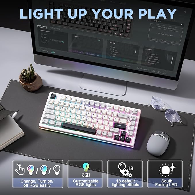 YUNZII YZ75 75% Hot Swappable Wireless Gaming Mechanical Keyboard RGB Backlights BT5.0/2.4G/USB-C Dye Sub PBT Keycaps for Linux/Win/Mac(Gateron G Pro Red White)