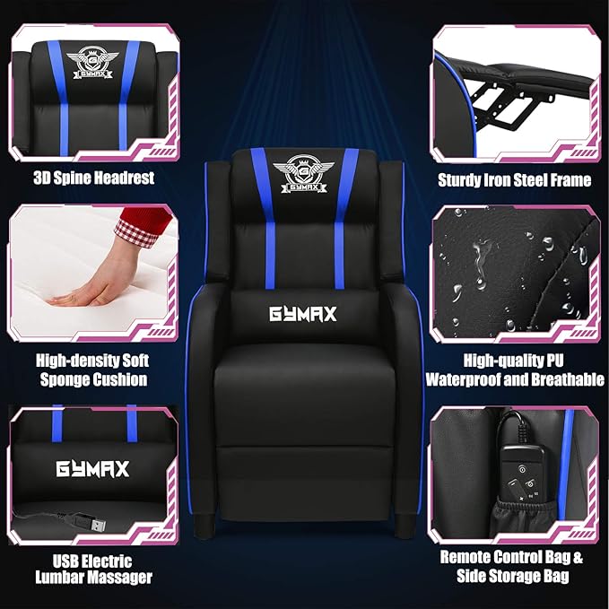 POWERSTONE Gaming Recliner Chair Reclining Gaming Chairs for Adults Ergonomic Leather Sofa with Footrest Lumbar Support Headrest and Side Pouch for Living Room Home Theater Blue