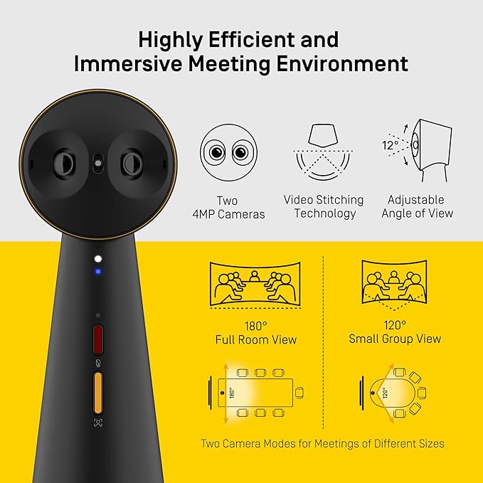 IPEVO Totem 180 4K Panoramic Video Conference Camera w/ 180° &amp 120° View Premium Webcam Full Room Coverage AI Auto Framing Noise Reduction Mics Plug-and-Play USB-C Remote Hybrid Learning