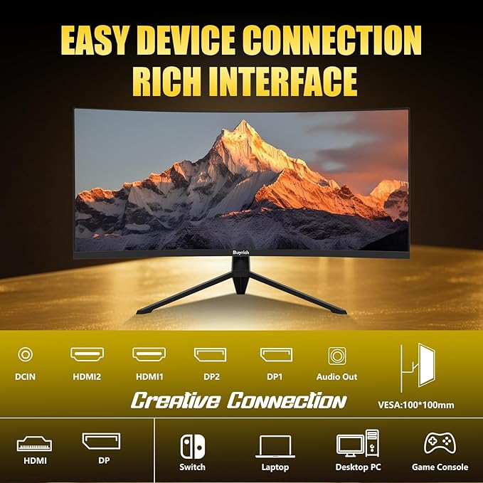 34 Inch Ultrawide Curved Gaming MonitorUWQHD (3440x1440) 240Hz1ms MPRT HDR400Fast VA PIP/PBPAI CrosshairAIPQ(Visual Enhance)MPRT 1msHDMI2.1 * 2DP1.4 * 2(DP Cable Incl.)