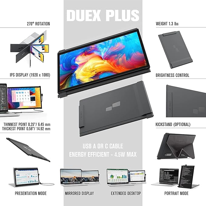 Mobile Pixels Duex Plus Portable Monitor for Laptops USB C/USB A Plug and Play 13.3 Laptop Screen Extender