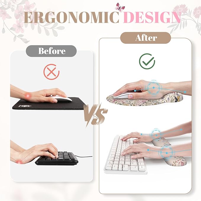 iCasso Desk Mat SetLarge Mouse Pad with Wrist RestErgonomic Keyboard Wrist Support for WomenGirly Floral Computer Mat with Scalloped EdgesNon-Slip Desk Pad Home Office Gaming (Beige)