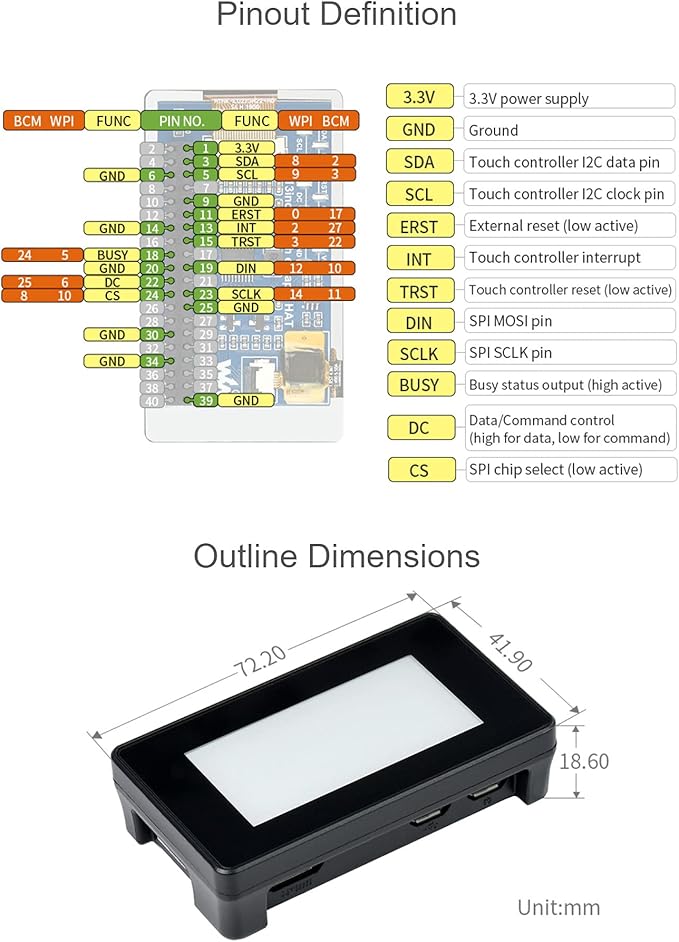 2.13inch Touch E-Paper Eink Display Module for Raspberry Pi 4B+ 4B 3B+ 3B 2B+ Zero W WH 2W with ABS Protection Case 5-Point Touch250×122 Pixels