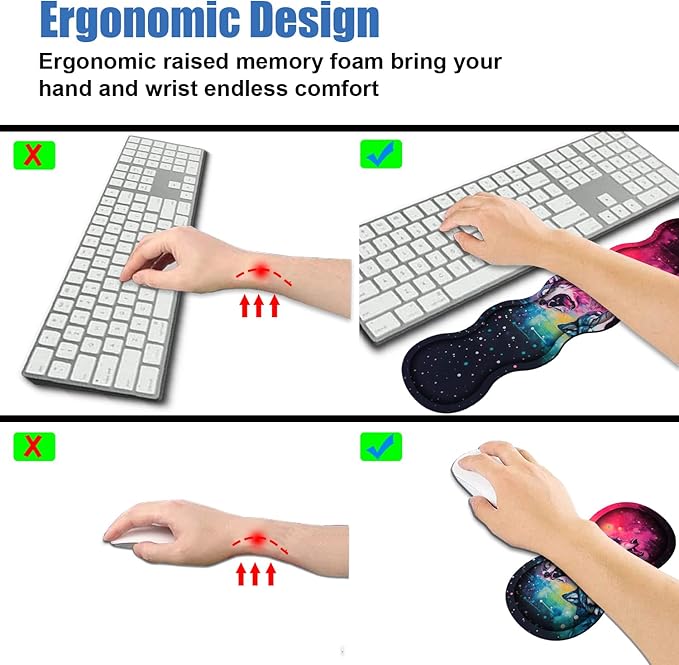 4 in 1 Ergonomic Memory Foam Mouse Pad Wrist Rest Set Large XXL Gaming Desk Pad + Keyboard Wrist Rest + Mouse Wrist Cushion + Coaster for Home Office Study Gaming Watercolor Art Wolf Howling