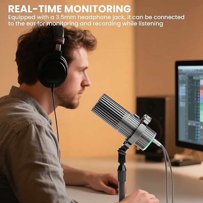 BASN USB/XLR Dynamic Microphone Live Streaming Gaming Recording with Three-in-One Mute ButtonRGB Lighting and MIC Stand for PC (Gray) SL2000