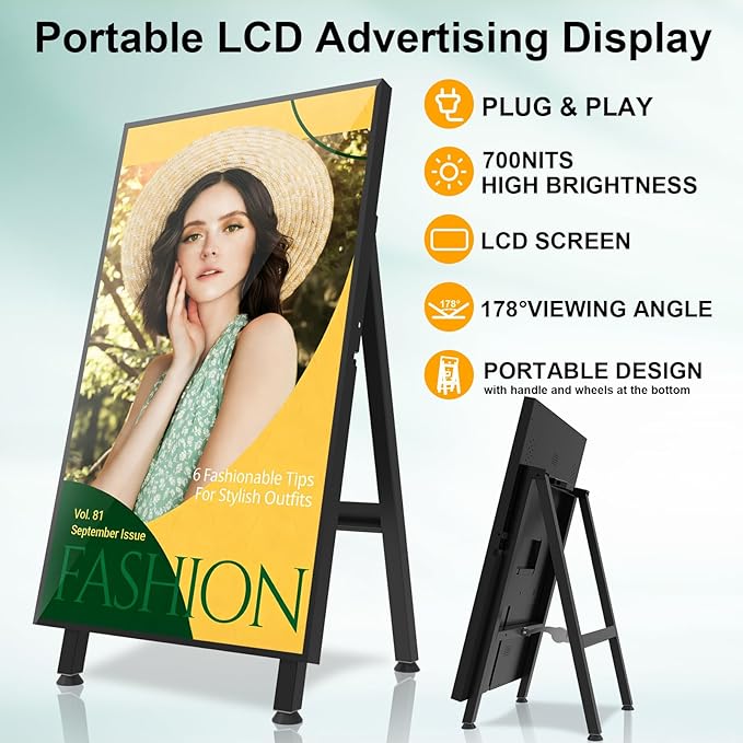 32 Digital Signage Display 700nits Portable Digital Signage Plug&ampPlay LCD Advertising Display CMS 24/7 Operation Split Screen HDMI/USB/WiFi/Android System Ideal for Restaurant/Cafe