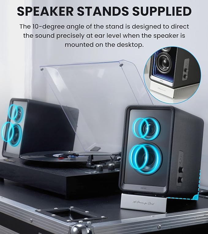 Edifier QR65 Desktop Active Monitor with 2.75 Long-Throw Aluminum Diaphragm mid-Low Drivers Hi-Res Audio Brilliant Light Effects 70W Output Power Bluetooth Speakers with Stands - Black
