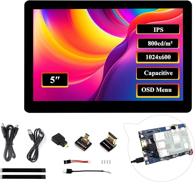 5inch HDMI Touch Screen 1024x600 Capacitive Touch IPS Display Compatible with Raspberry Pi 5/4B/3B+/3B/Zero 2W/Zero W/Zero/Pico/Pico W Win 11/10/8.1/8/7 /Jetson Nano (Wide-Bezel Capacitive Touch)