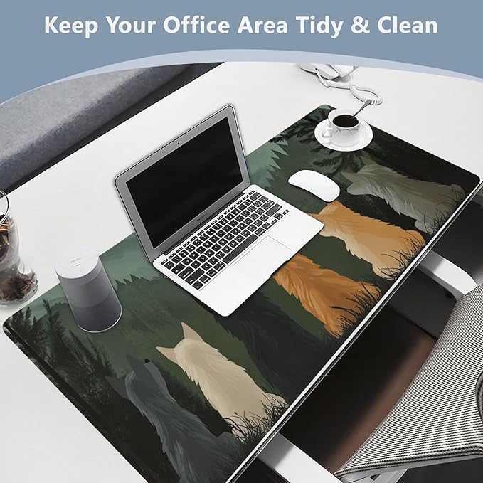 Mouse Pad Desk Mat Leather Desk Pad Large Gaming Desk Cover Protector Mat for Keyboard Computer Laptop Office Waterproof 35.4 x 16.5 Inch Cute Wolves Back and Green Mountain