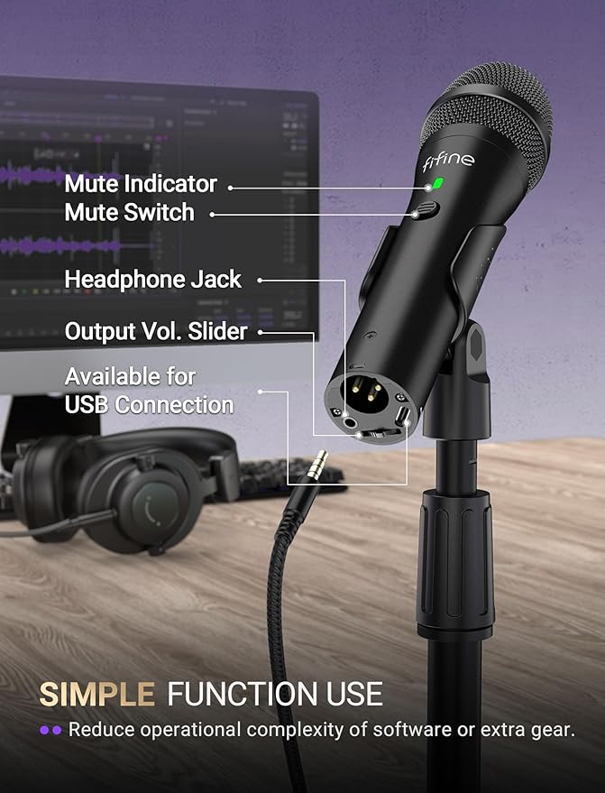 FIFINE USB/XLR Dynamic Microphone for Podcast Recording Studio Handheld Mic Set with Desktop Stand for Vocal Voice Over Streaming Black-AmpliTank TANK2