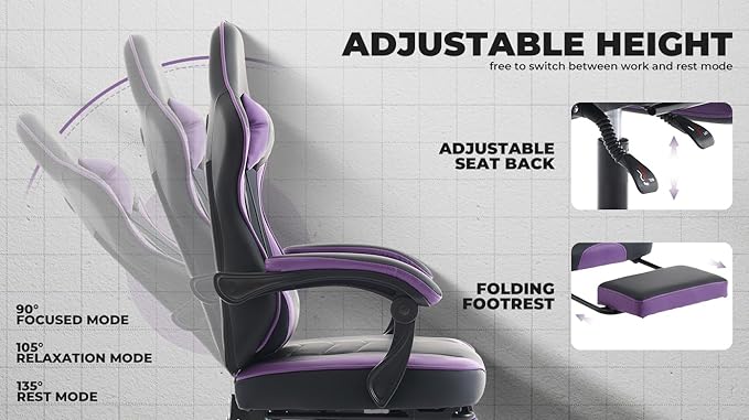 Purple Gaming Chair Gaming Chairs with Footrest Ergonomic Video Gamer Computer Chair with Headrest and Massage Lumbar Support for Adults Kids 12+