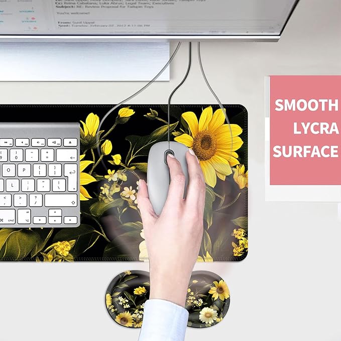Mouse PadLarge Desk Mat Set 4in1 XL Mousepad + Keyboard Wrist Rest+Mouse Wrist Rest+Coaster with Ergonomic Desk Pad for Home Office Table Computer Cover -Sunflowers and White Flowers