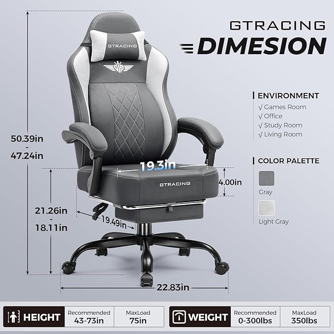 GTPLAYER Big and Tall Gaming Chair Breathable Fabric Computer Chair with Strong Lumbar Support Comfortable Office Chairs with Pocket Spring Cushion High Back Ergonomic Desk Chairs with Footrest