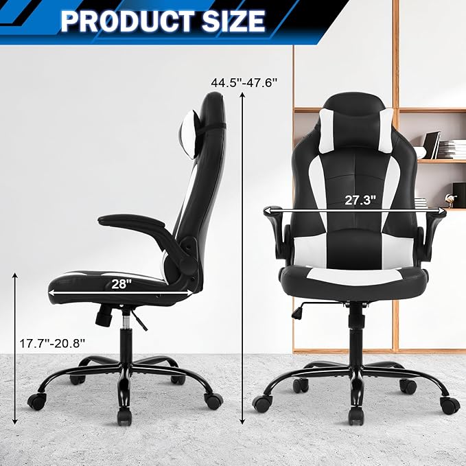 Gaming Chair Racing Chair with Lumbar Support - High Comfort PU Leather Ergonomic Office Desk &amp PC Gaming Chair for Adults Men Women - Flip-Up Arms &amp Headrest White