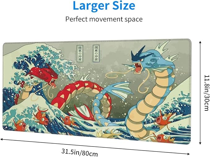 Large Gaming Mouse PadJapanese Ukiyoe Anime Dragon MousepadStitched EdgesNon-Slip Rubber BaseLong Extended Desk Mouse Mat(31.5x12)