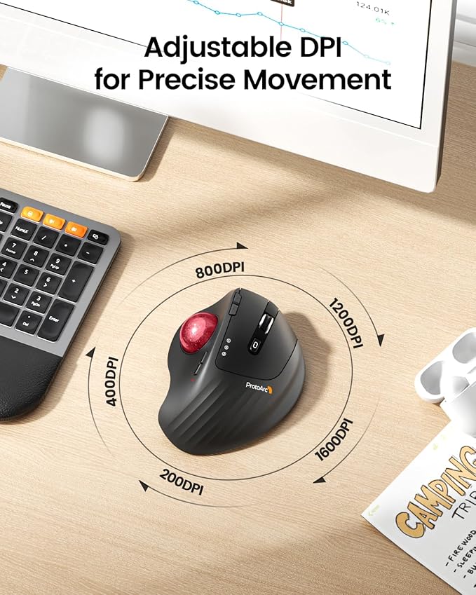 ProtoArc Wireless Trackball Mouse EM01 NL Ergonomic Bluetooth Rollerball Thumb Rechargeable Computer Laptop Mouse Adjustable Angle &amp 3 Device Connection for PC Mac Windows-Red Ball