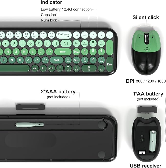 Wireless Keyboard and Mouse Combo MOWUX Compact Typewriter Retro Round Computer Keyboard Cute Optical Mouse Wireless Plug and Play for Laptop PC Computer- Black Green Gradient