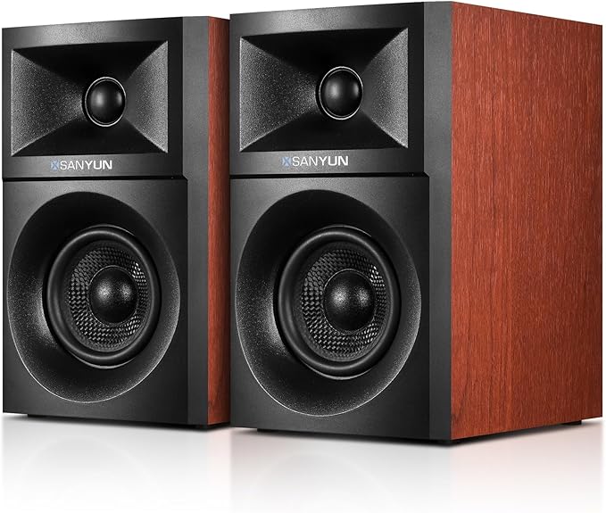Sanyun SW203 4.0 Computer Speakers - 60W 4-Way DSP Control 3D Immersive Sound - 3 Carbon Fiber Woofer &amp 20mm Silk Dome Tweeter - 24bit DAC USB/Bluetooth 5.4/AUX - Studio-Grade Audio (Pair Red)