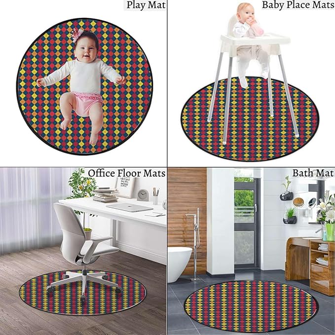 Multicolor Round Area RugsIndoor Throw Runner Circle Rug Entryway Doormat Floor Carpet Pad Yoga Mat for Bedroom Living Room Squares Dotted Lines Colors Checkered Diameter 59 in