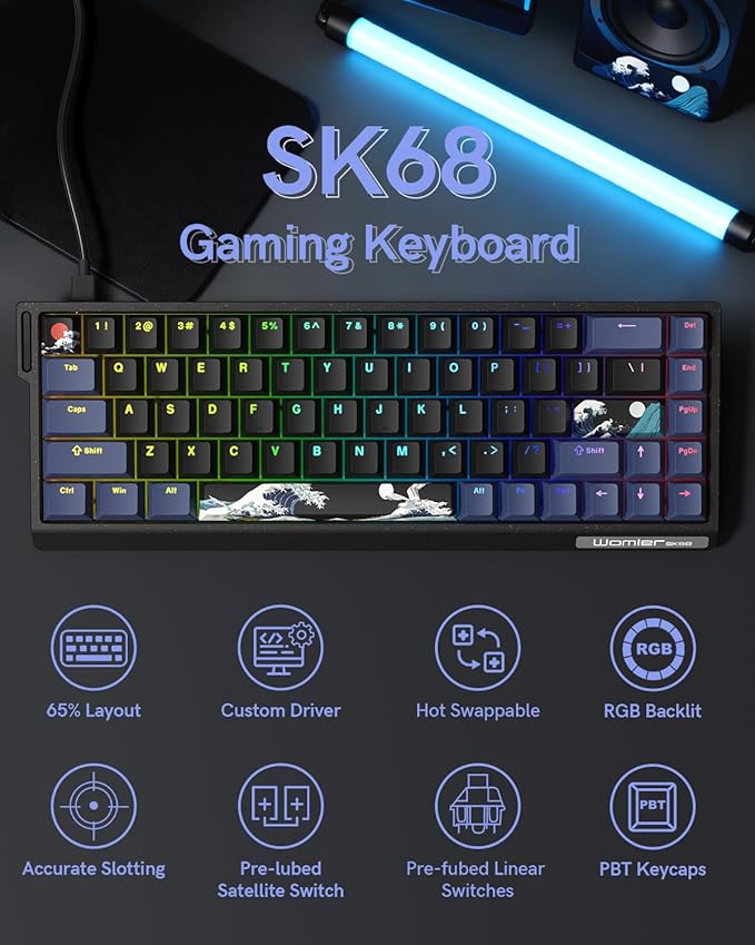 SK68 65% Gaming Keyboard Wired Backlit Mini Keyboard w/100% Hot-Swap Socket 68 Keys Aluminum Gaming Wired Keyboard for PC Laptop Game